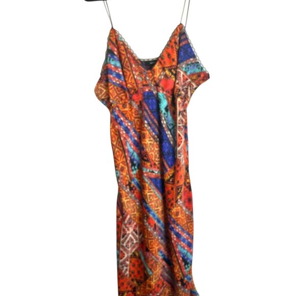 Forever 21 Orange Abstract Print Slip Dress Sz 3X Maxi Silky Lace Trim - Picture 2 of 6